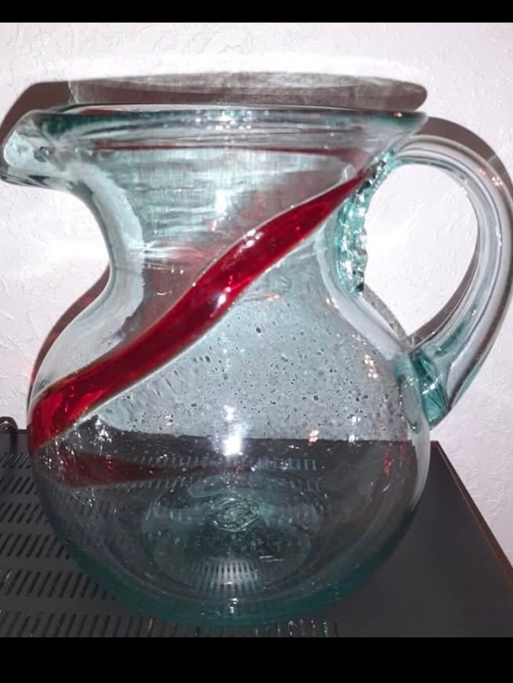 Mexican Clear Red Swirl Blown Glass Mexico Margarita Pitcher Approx 10"x7"